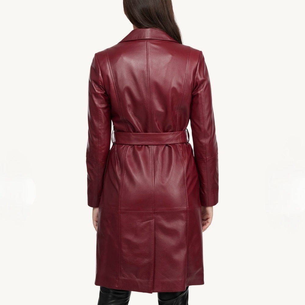 Badgley Mischka Tinsley Lamb Leather Trench Coat Bordeaux Oxblood NWT Size Small - Picture 6 of 11
